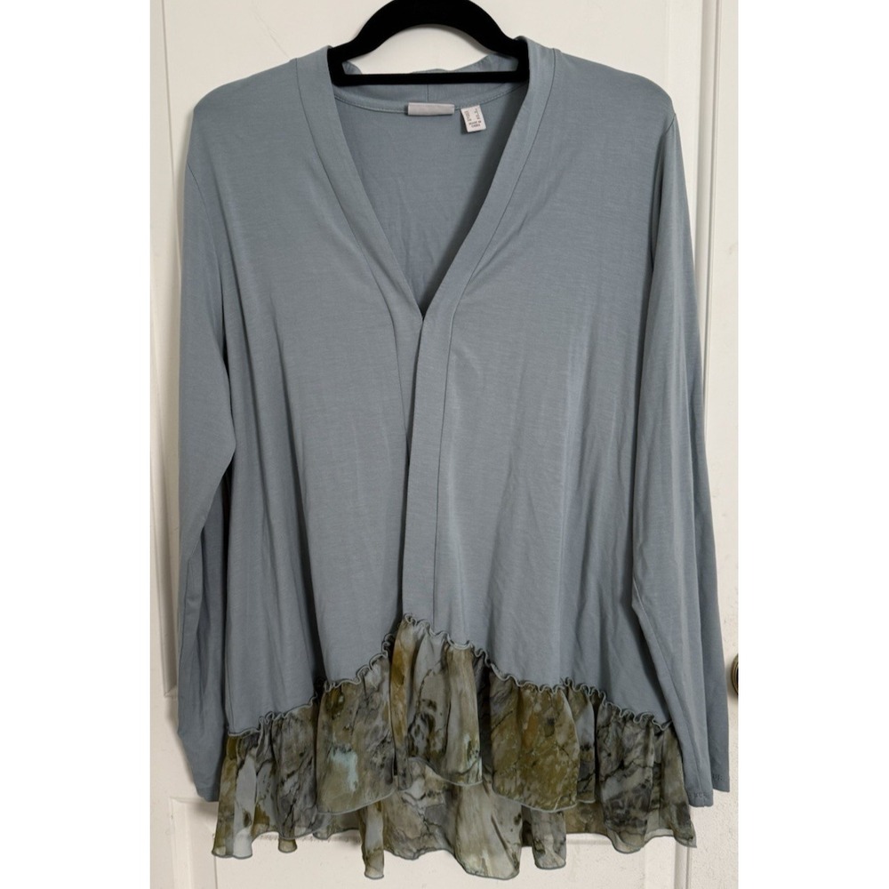 LOGO‎ Lori Goldstein Cardigan Womens Large Watercolor Ruffle Hem sweater clasp